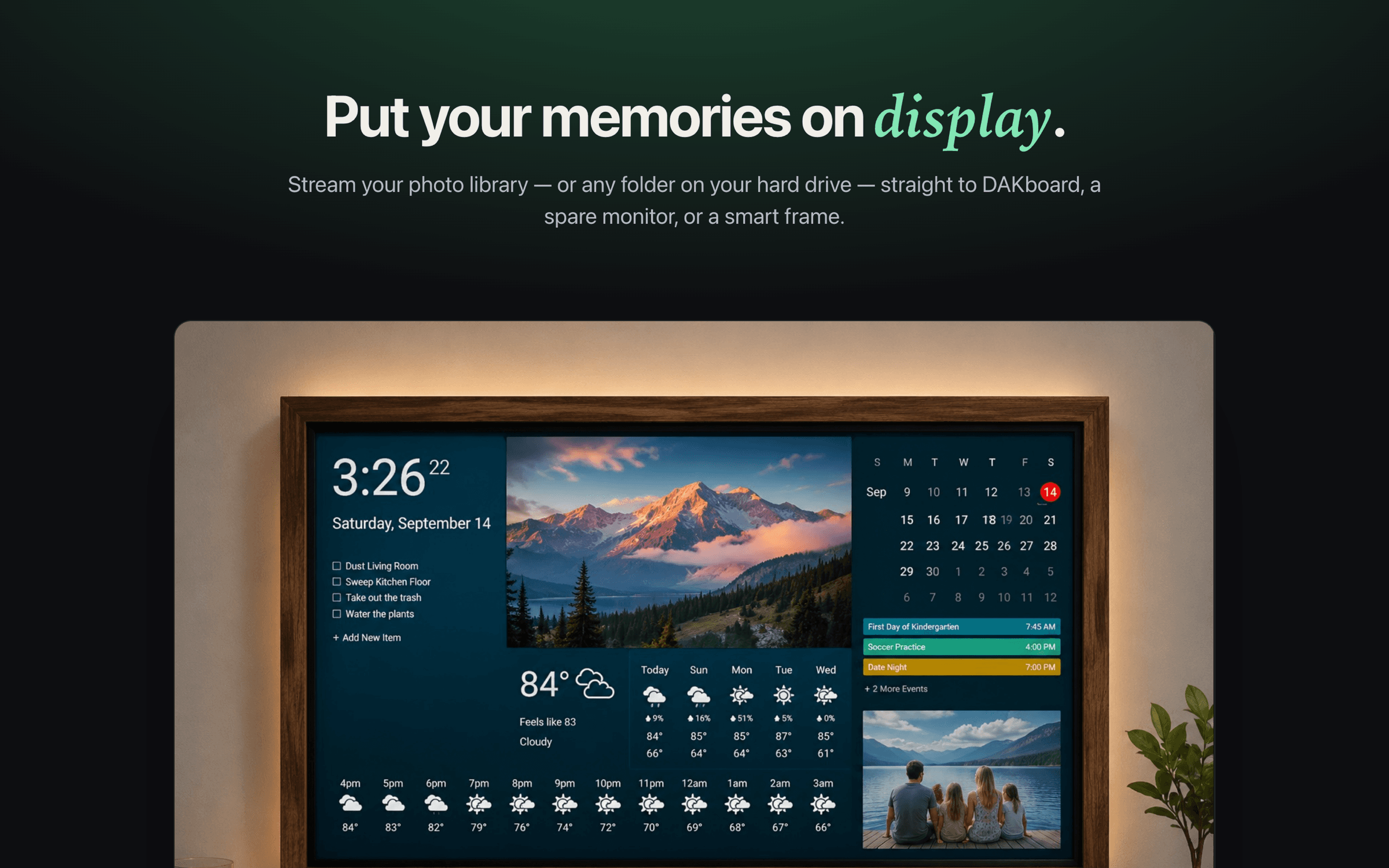 A wall display showing personal photos served privately by DejaView, the kind of source a MagicMirror² photo module can show