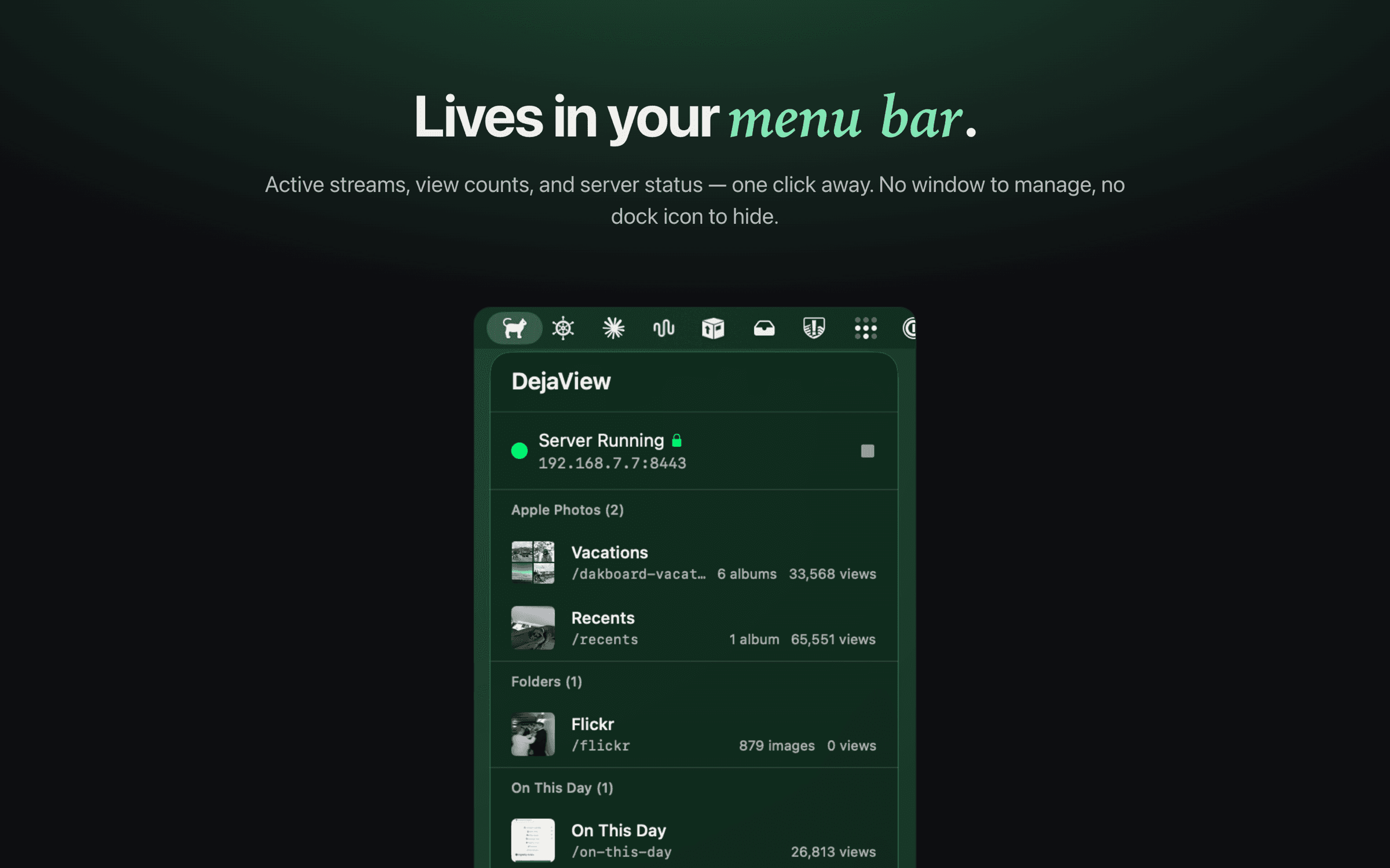 DejaView's menu bar panel showing the server running with active Apple Photos and folder streams and their local-network URLs