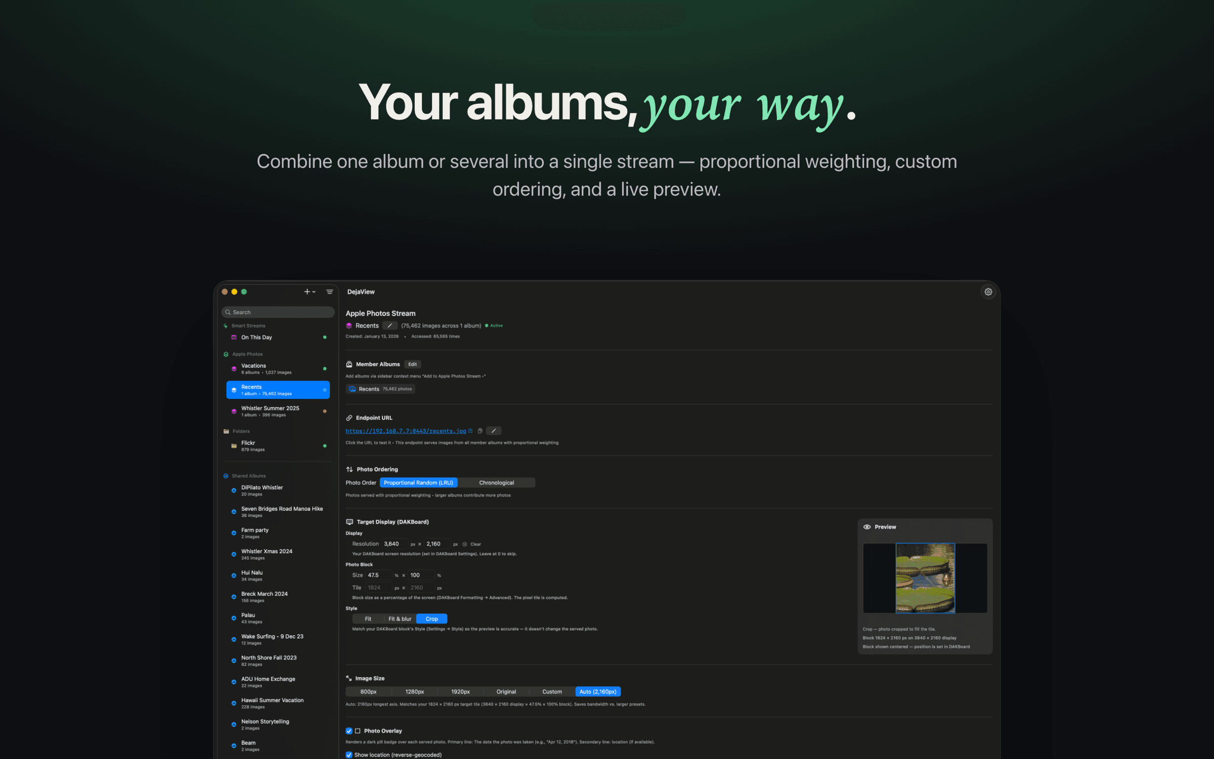 DejaView's album stream configuration showing the endpoint URL to paste into the MagicMirror² photo module