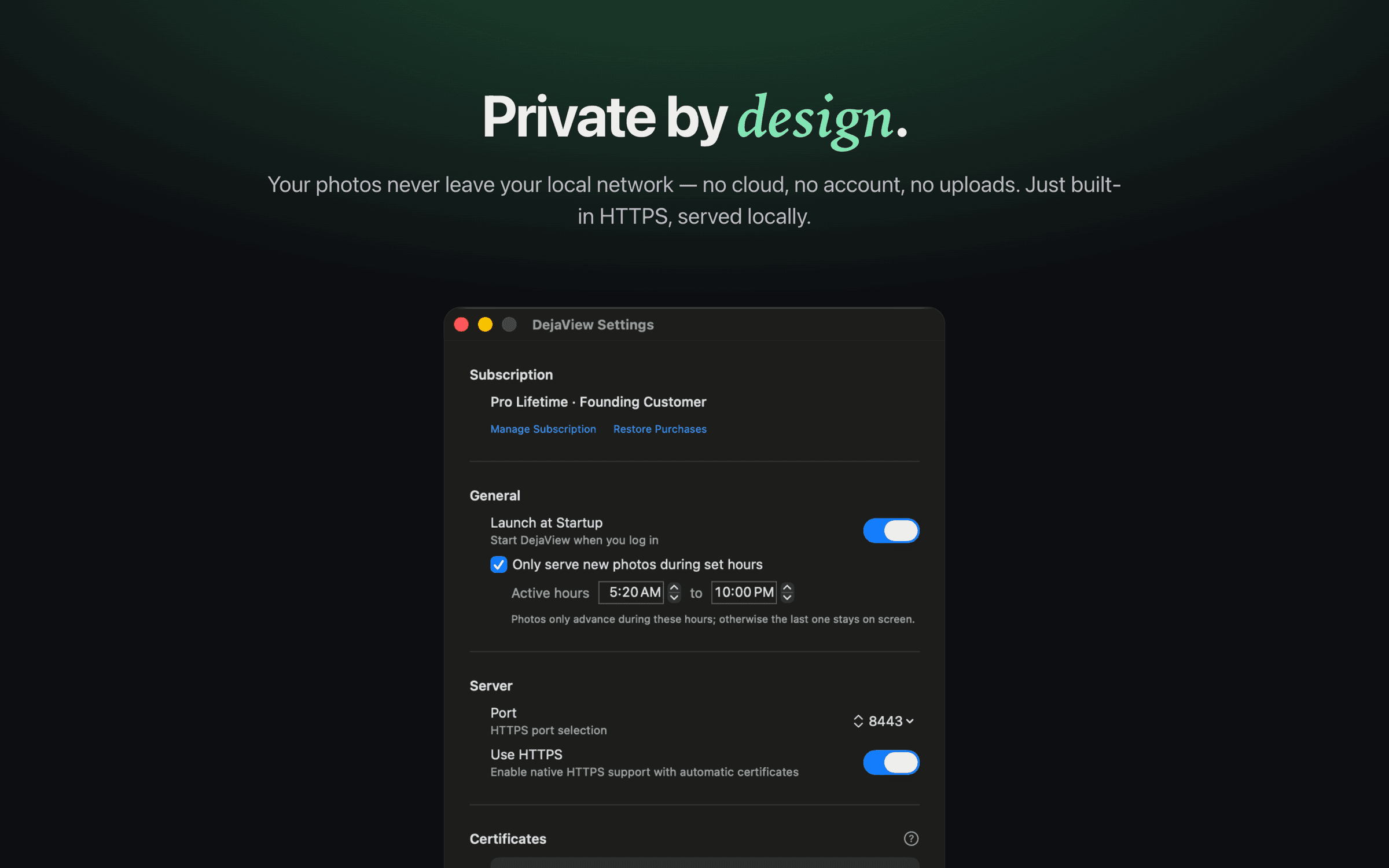 DejaView's settings window highlighting its read-only, local-network, no-cloud privacy design