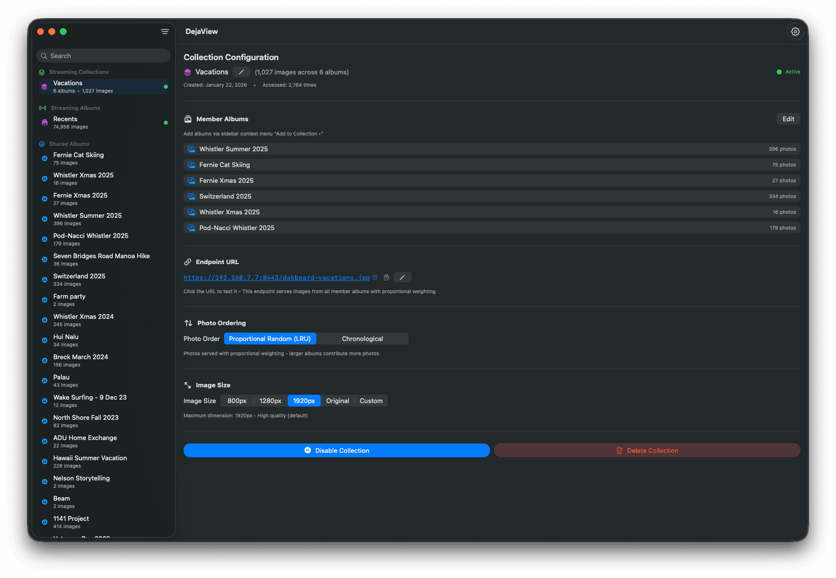 DejaView configuration window showing collection setup with member albums, endpoint URL, photo ordering options including proportional random LRU, and image size presets