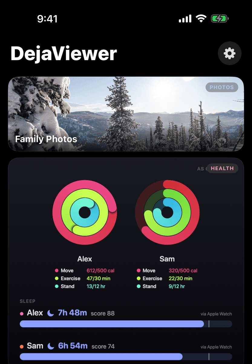 DejaViewer on iPhone showing a Family Photos stream and a family Health card with two people's Activity rings and sleep