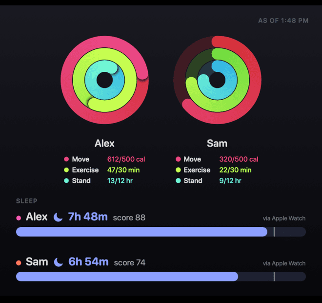 Family Health card in DejaViewer: Activity rings, Move/Exercise/Stand totals, and Apple Watch sleep scores for two family members