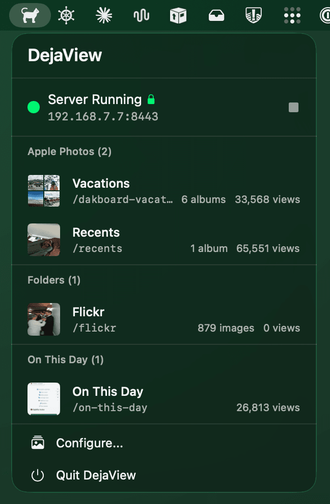 DejaView dropdown open from the macOS menu bar, showing server status and active streams grouped into Apple Photos, Folders, and On This Day with view counts